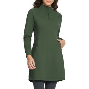 image:imagebaleaf Womens Fleece Lined Dress Sweatshirt Dress Water Resistant Warm Quarter Zip Cover Up Winter Outdoor with PocketDark Army Green