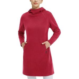 image:imagebaleaf Womens Fleece Sweatshirt Dress Thermal Long Winter Fall Tunic Dresses Outfits with Pocket Hooded PulloverRed