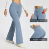 image:imagebaleaf Womens V Crossover Flare Leggings with Pockets Yoga Pants High Waist Casual Workout Gym Bell Bottom LeggingsLight Blue