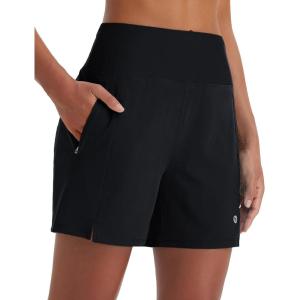image:imagebaleaf Womens 5 Swim Shorts High Waisted Quick Dry Swimming Bottom Boxer Liner Board Beach Shorts with Zipper PocketsBlack