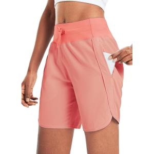image:imagebaleaf Womens 7 Athletic Long Running Shorts Workout Gym Quick Dry Hiking Shorts High Waisted Zipper PocketCoral