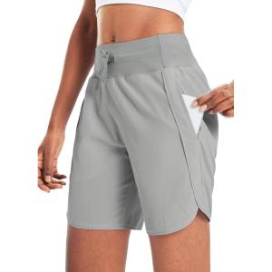 image:imagebaleaf Womens 7 Athletic Long Running Shorts Workout Gym Quick Dry Hiking Shorts High Waisted Zipper PocketGrey