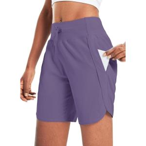 image:imagebaleaf Womens 7 Athletic Long Running Shorts Workout Gym Quick Dry Hiking Shorts High Waisted Zipper PocketLight Purple