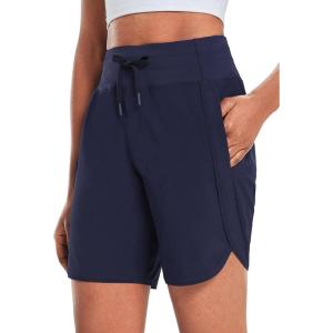 image:imagebaleaf Womens 7 Athletic Long Running Shorts Workout Gym Quick Dry Hiking Shorts High Waisted Zipper PocketNavy
