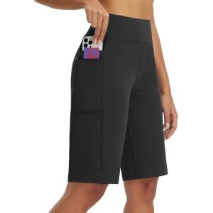 image:imagebaleaf Womens Bermuda Shorts 12 Long Knee Length Running Athletic High Waist Zipper Pocket Quick Dry Loose FitBlack
