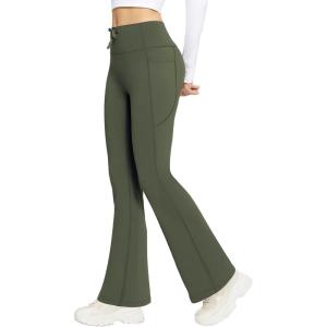 image:imagebaleaf Womens Fleece Lined Pants Winter Thermal Warm Bootcut Flare Leggings Hiking Yoga Pants with Zip Pockets Cold WeatherArmy Green