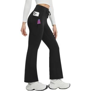 image:imagebaleaf Womens Fleece Lined Pants Winter Thermal Warm Bootcut Flare Leggings Hiking Yoga Pants with Zip Pockets Cold WeatherBlack