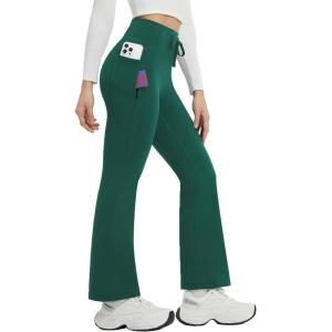image:imagebaleaf Womens Fleece Lined Pants Winter Thermal Warm Bootcut Flare Leggings Hiking Yoga Pants with Zip Pockets Cold WeatherDark Green