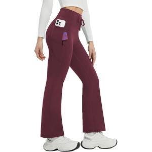 image:imagebaleaf Womens Fleece Lined Pants Winter Thermal Warm Bootcut Flare Leggings Hiking Yoga Pants with Zip Pockets Cold WeatherWine Red