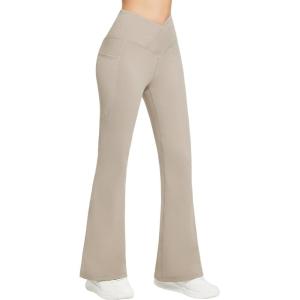 image:imagebaleaf Womens Fleece Lined Pants Winter Thermal Warm Flare Leggings Crossover Yoga Pants Bell Bottom with Pockets29khaki