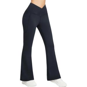 image:imagebaleaf Womens Fleece Lined Pants Winter Thermal Warm Flare Leggings Crossover Yoga Pants Bell Bottom with Pockets32black