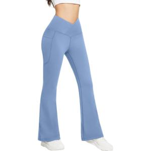 image:imagebaleaf Womens Fleece Lined Pants Winter Thermal Warm Flare Leggings Crossover Yoga Pants Bell Bottom with Pockets32steam Blue