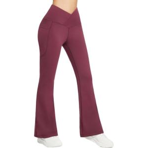 image:imagebaleaf Womens Fleece Lined Pants Winter Thermal Warm Flare Leggings Crossover Yoga Pants Bell Bottom with Pockets32wine