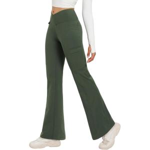image:imagebaleaf Womens Fleece Lined Pants Winter Thermal Water Resistant Crossover Flare Leggings Warm Bootcut Hiking OutdoorArmy Green