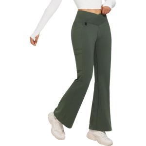 image:imagebaleaf Womens Fleece Lined Pants Winter Thermal Water Resistant Crossover Flare Leggings Warm Bootcut Hiking OutdoorGreen