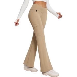 image:imagebaleaf Womens Fleece Lined Pants Winter Thermal Water Resistant Crossover Flare Leggings Warm Bootcut Hiking OutdoorKhaki