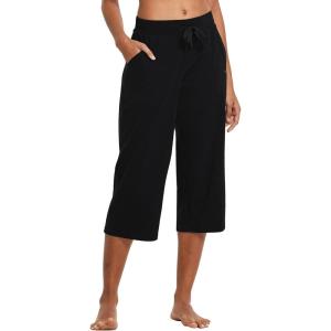 image:imagebaleaf Womens Wide Leg Capris Yoga Cotton Crop Pockets Summer Capri Sweatpants Loose Lounge Casual Workout PantsRegularblack
