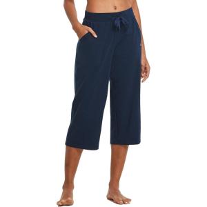image:imagebaleaf Womens Wide Leg Capris Yoga Cotton Crop Pockets Summer Capri Sweatpants Loose Lounge Casual Workout PantsRegularnavy Blue