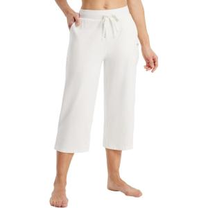 image:imagebaleaf Womens Wide Leg Capris Yoga Cotton Crop Pockets Summer Capri Sweatpants Loose Lounge Casual Workout PantsRegularwhite