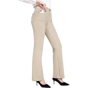image:imagebaleaf Womens Yoga Dress Pants Stretchy Work Slacks Business Casual Straight LegBootcut Pull on Trousers w 4 PocketsKhaki