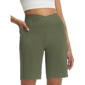image:imageBALEAF Womens Bermuda Long Shorts with Pockets 9 Above Knee Length High Waisted Stretch Walking Athletic Dressy CasualArmy Green