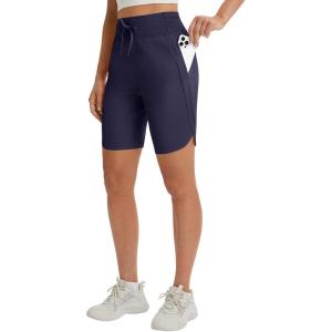 image:imagebaleaf Womens 9 Bermuda Knee Length Athletic Running Long Shorts with Pockets Quick Dry Shorts High Waisted UPF 50Navy Blue