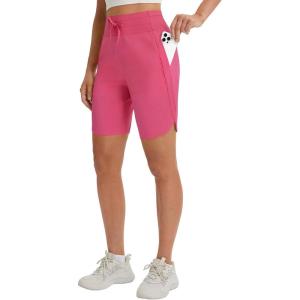 image:imagebaleaf Womens 9 Bermuda Knee Length Athletic Running Long Shorts with Pockets Quick Dry Shorts High Waisted UPF 50Pink