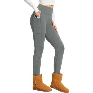 image:imagebaleaf Womens Fleece Lined Leggings Thick Soft Winter Warm Thermal Waterproof High Waisted Pockets Hiking Running SkiingGrey