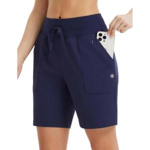 image:imagebaleaf Womens 7 Athletic Running Shorts Long Workout Shorts High Waisted Quick Dry 4 Zipper Pockets UPF50Navy Blue