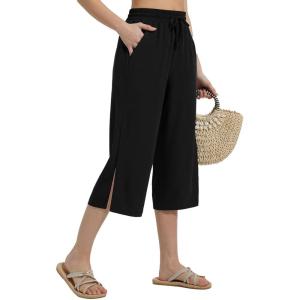 image:imagebaleaf Womens Capri Beach Pants Wide Leg Quick Dry Lightweight Capris UPF50 Casual Sweatpants Swim PantsBlack