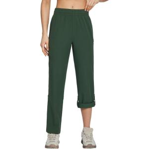 image:imagebaleaf Womens Hiking Water Resistant Pants UPF Roll Up Convertible Capri Pant Quick Dry Zipper Pockets Travel FishingGreen