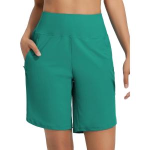 image:imagebaleaf Womens 9 Long Swim Shorts with Zipper Pockets High Waisted Board Shorts for Swimming with Liner UPF 50Green
