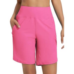 image:imagebaleaf Womens 9 Long Swim Shorts with Zipper Pockets High Waisted Board Shorts for Swimming with Liner UPF 50Pink