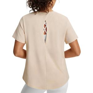 image:imagebaleaf Womens Short Sleeve Workout Tops Open Back Yoga Shirts UPF 50 Athletic Gym Running T ShirtLight Brown