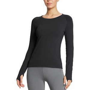 image:imagebaleaf Womens Long Sleeve Workout Athletic Seamless Shirts Tight Yoga Running Gym Fitted Tops with Thumb HolesBlack