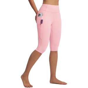 image:imagebaleaf Womens Knee Length Capri Leggings with 3 Pockets Yoga Capri Pants High Waisted Summer Casual Wokrout Light Pink XL