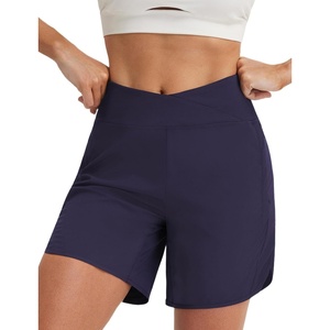 image:imagebaleaf Womens 7 inch Athletic Shorts Crossover Waist Quick Dry Shorts  Breathable Lightweight Moisture Wicking UPF50 Zipper Pockets High Waisted for Running Workout Hiking WalkingNavy Blue