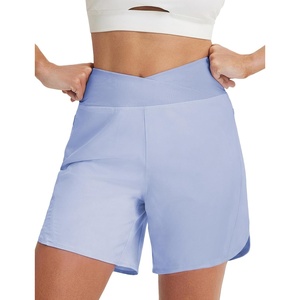 image:imagebaleaf Womens 7 inch Athletic Shorts Crossover Waist Quick Dry Shorts  Breathable Lightweight Moisture Wicking UPF50 Zipper Pockets High Waisted for Running Workout Hiking WalkingLight Blue