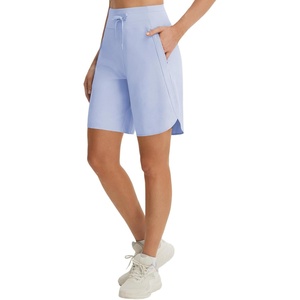 image:imagebaleaf Womens 9 Bermuda Knee Length Athletic Running Long Shorts  Loose Fit Knit High Waisted Adjustable Drawstring Curved Hem Quick Dry High Stretch UPF 50 for Workout GymLight Blue