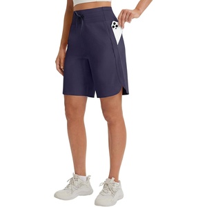 image:imagebaleaf Womens 9 Bermuda Knee Length Athletic Running Long Shorts  Loose Fit Knit High Waisted Adjustable Drawstring Curved Hem Quick Dry High Stretch UPF 50 for Workout GymNavy Blue
