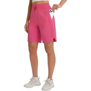 image:imagebaleaf Womens 9 Bermuda Knee Length Athletic Running Long Shorts  Loose Fit Knit High Waisted Adjustable Drawstring Curved Hem Quick Dry High Stretch UPF 50 for Workout GymPink