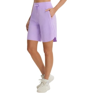 image:imagebaleaf Womens 9 Bermuda Knee Length Athletic Running Long Shorts  Loose Fit Knit High Waisted Adjustable Drawstring Curved Hem Quick Dry High Stretch UPF 50 for Workout GymLight Purple