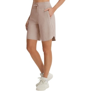 image:imagebaleaf Womens 9 Bermuda Knee Length Athletic Running Long Shorts  Loose Fit Knit High Waisted Adjustable Drawstring Curved Hem Quick Dry High Stretch UPF 50 for Workout GymKhaki