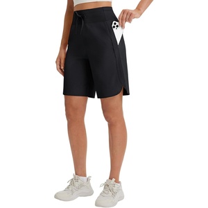 image:imagebaleaf Womens 9 Bermuda Knee Length Athletic Running Long Shorts  Loose Fit Knit High Waisted Adjustable Drawstring Curved Hem Quick Dry High Stretch UPF 50 for Workout GymBlack