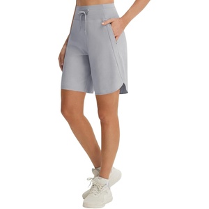 image:imagebaleaf Womens 9 Bermuda Knee Length Athletic Running Long Shorts  Loose Fit Knit High Waisted Adjustable Drawstring Curved Hem Quick Dry High Stretch UPF 50 for Workout GymGray