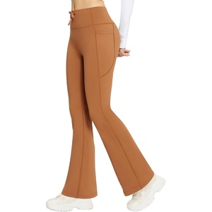 image:imagebaleaf Womens Fleece Lined Yoga Pants Thermal Warm Bootcut Flare Leggings  3 Utility Pockets Drawstring High Waist Back Curved Line Windproof for Cold Weather Running Hiking SkiingCaramel