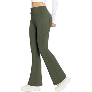 image:imagebaleaf Womens Fleece Lined Yoga Pants Thermal Warm Bootcut Flare Leggings  3 Utility Pockets Drawstring High Waist Back Curved Line Windproof for Cold Weather Running Hiking SkiingArmy Green