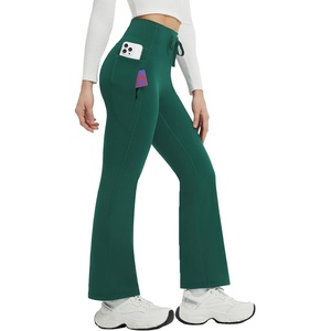 image:imagebaleaf Womens Fleece Lined Yoga Pants Thermal Warm Bootcut Flare Leggings  3 Utility Pockets Drawstring High Waist Back Curved Line Windproof for Cold Weather Running Hiking SkiingDark Green