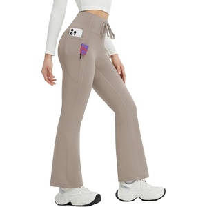 image:imagebaleaf Womens Fleece Lined Yoga Pants Thermal Warm Bootcut Flare Leggings  3 Utility Pockets Drawstring High Waist Back Curved Line Windproof for Cold Weather Running Hiking SkiingKhaki