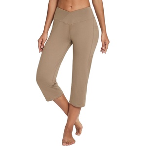 image:imagebaleaf Womens Capri Pants with Pockets High Waist Cropped Pants  Wide Leg Cropped 21 High Waisted Tummy Control Non seethrough 4Way Stretch for Summer WorkoutV Waistcocoa Brown